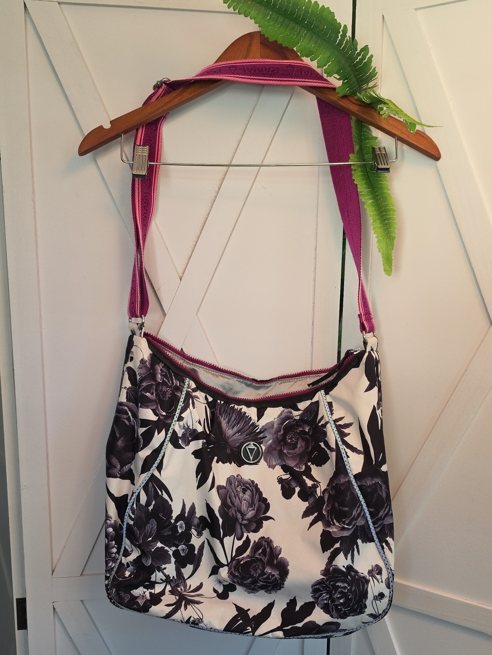 Ivivva Floral Shoulder Bag in Black and White with Pink Strap